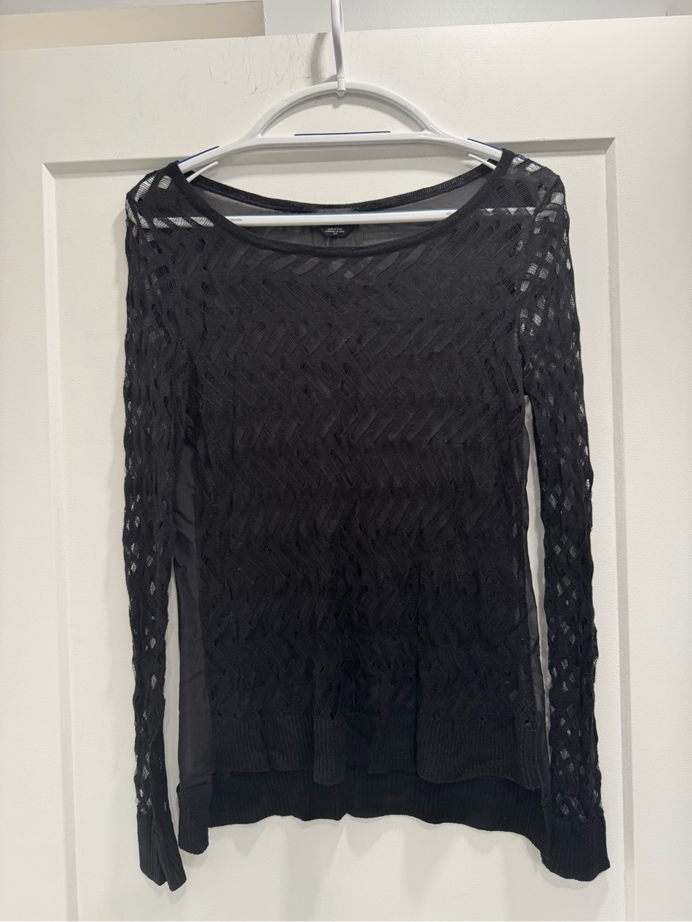 BEBE Black Open-Knit Long Sleeve Mesh Lace Front Women's Top. Size S